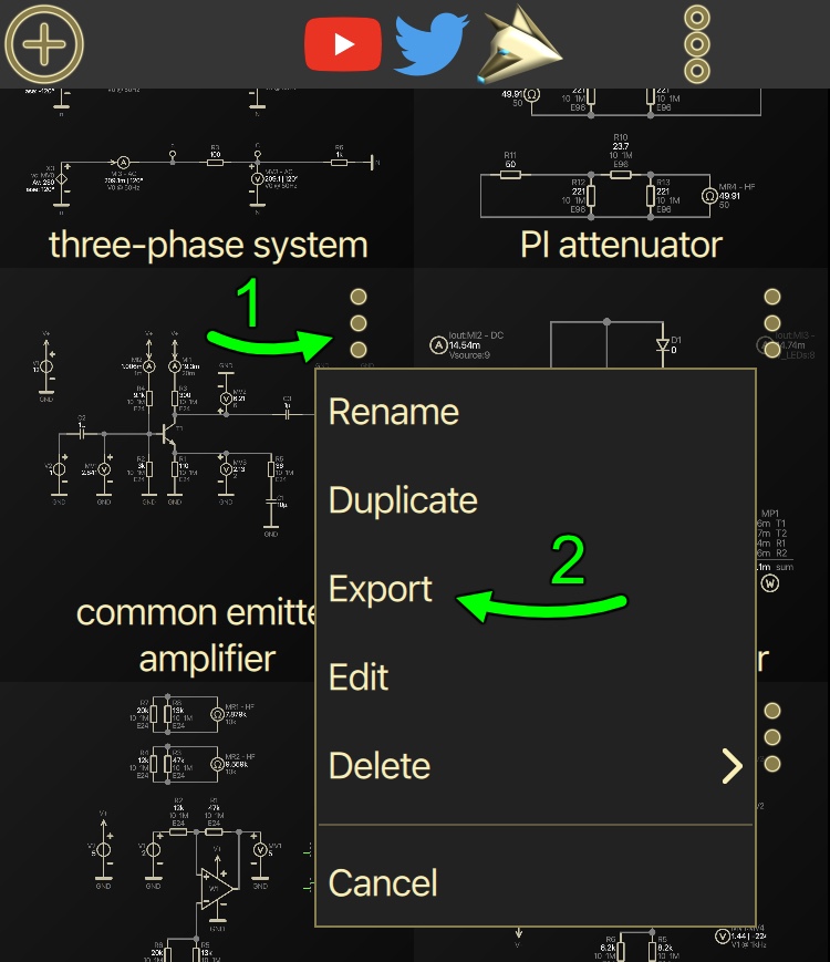 Circuit overview context menu with the Export entry highlighted