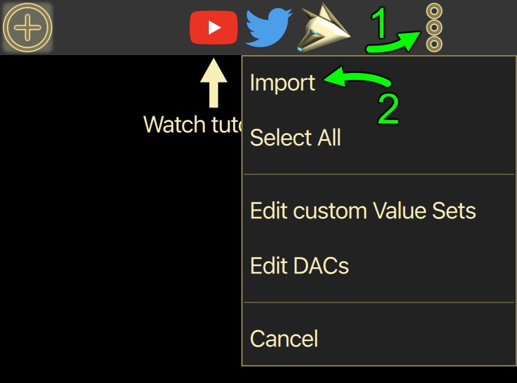 Main menu with the Import entry highlighted