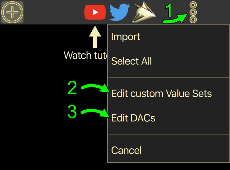 Main menu with the Edit custom Value Sets and Edit DACs entries highlighted