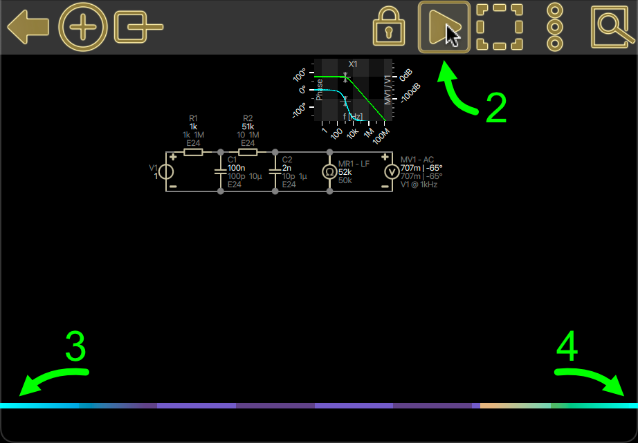 Progress indicator toolbar with the play/pause button (2) and the left (3) and right (4) status bulbs at the ends of the bar