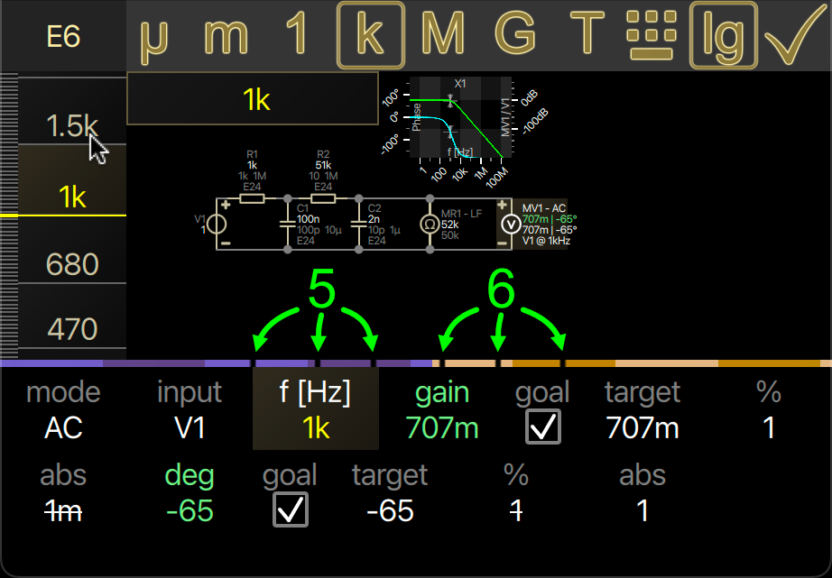 Progress indicator bar with dots traveling from the middle to the left (5) and to the right (6) to show circuit changes and simulation updates